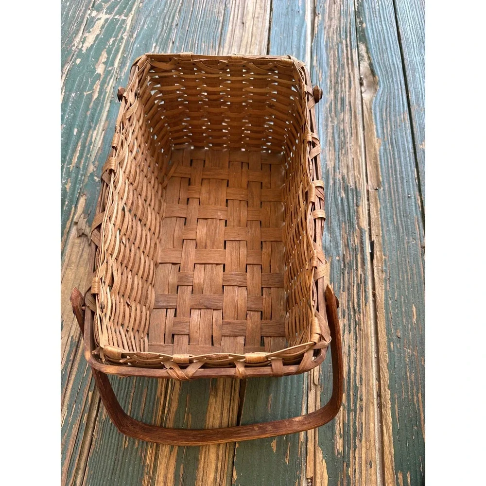 Hand Woven Splint Wood Basket Rectangular Picnic Garden Dual Swing Handle Vtg